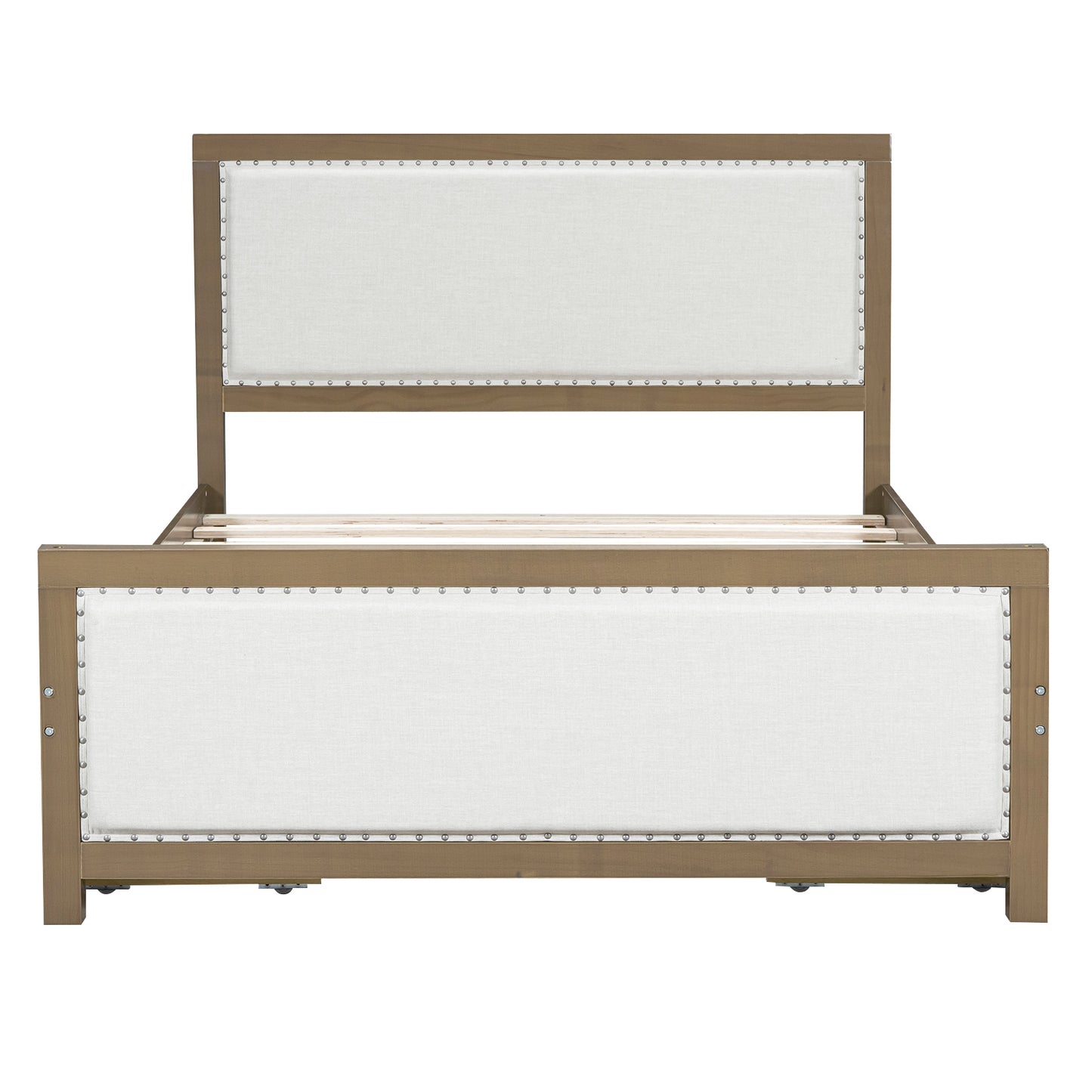 Queen Size Upholstered Platform Bed with Wood Frame and 4 Drawers, Natural Wooden+Beige Fabric