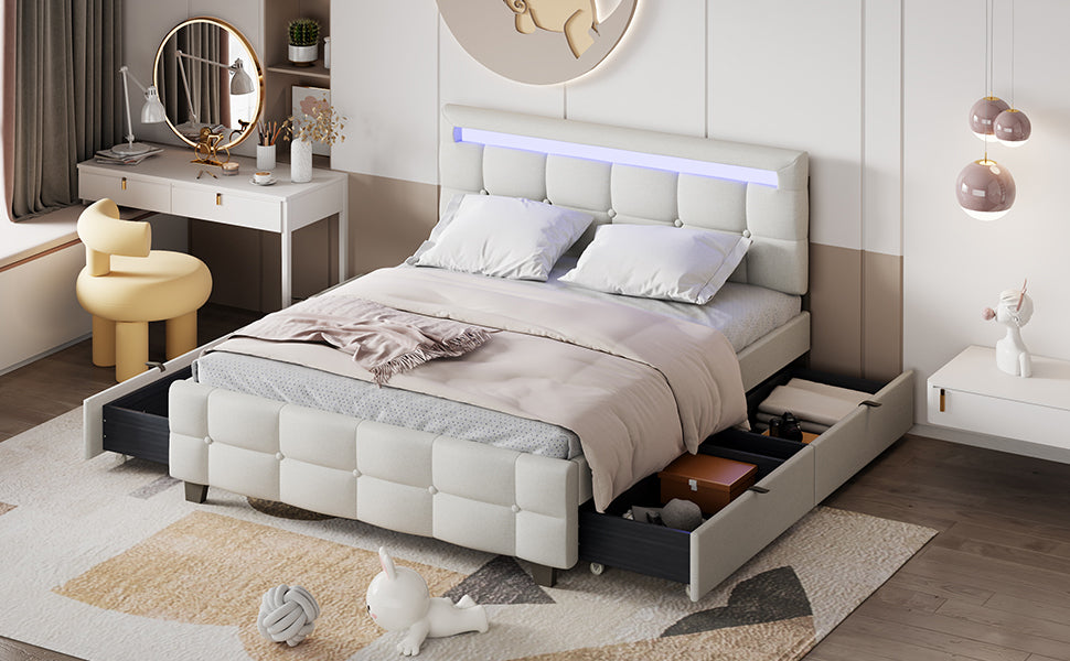 Queen Size Upholstered Platform Bed with LED Frame and 4 Drawers, Linen Fabric, Beige