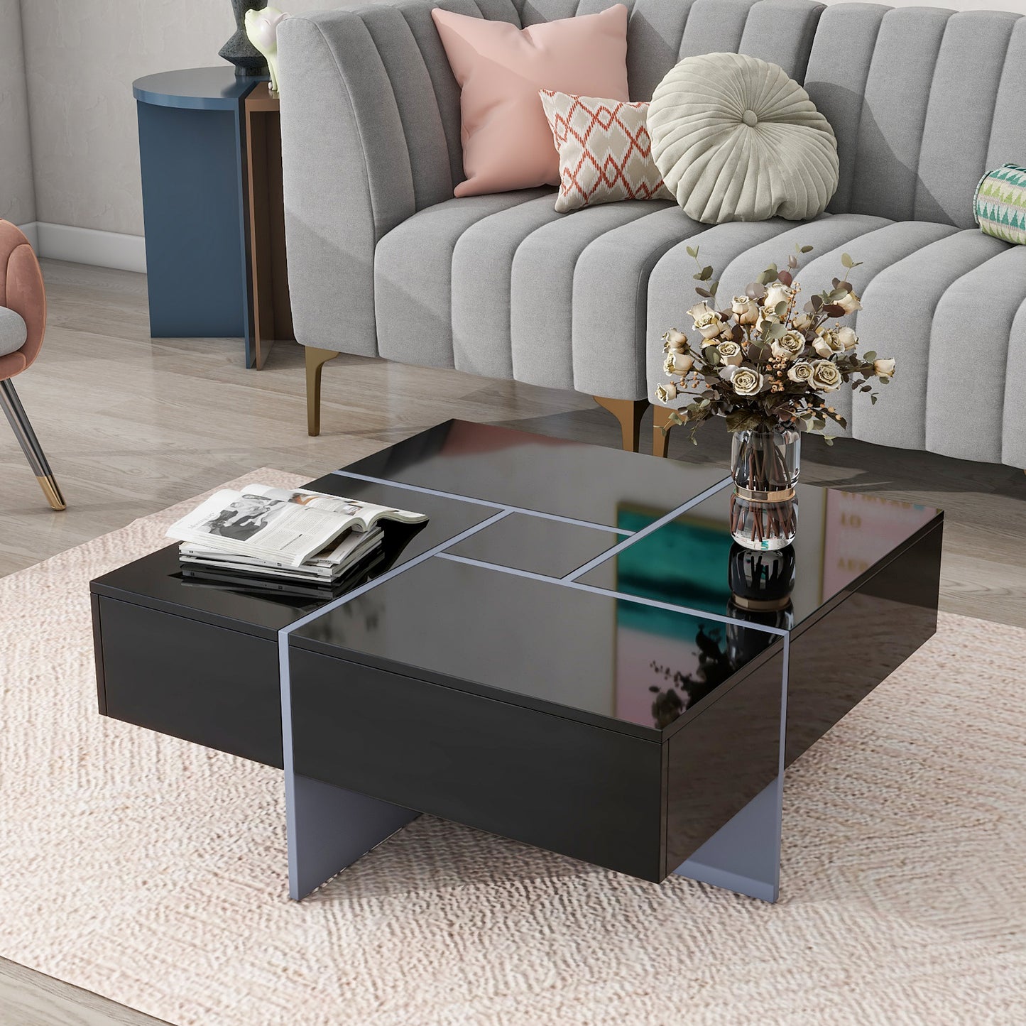 Puzzle Design Coffee Table with Extendable Sliding Tabletop and Hidden Storage Compartments