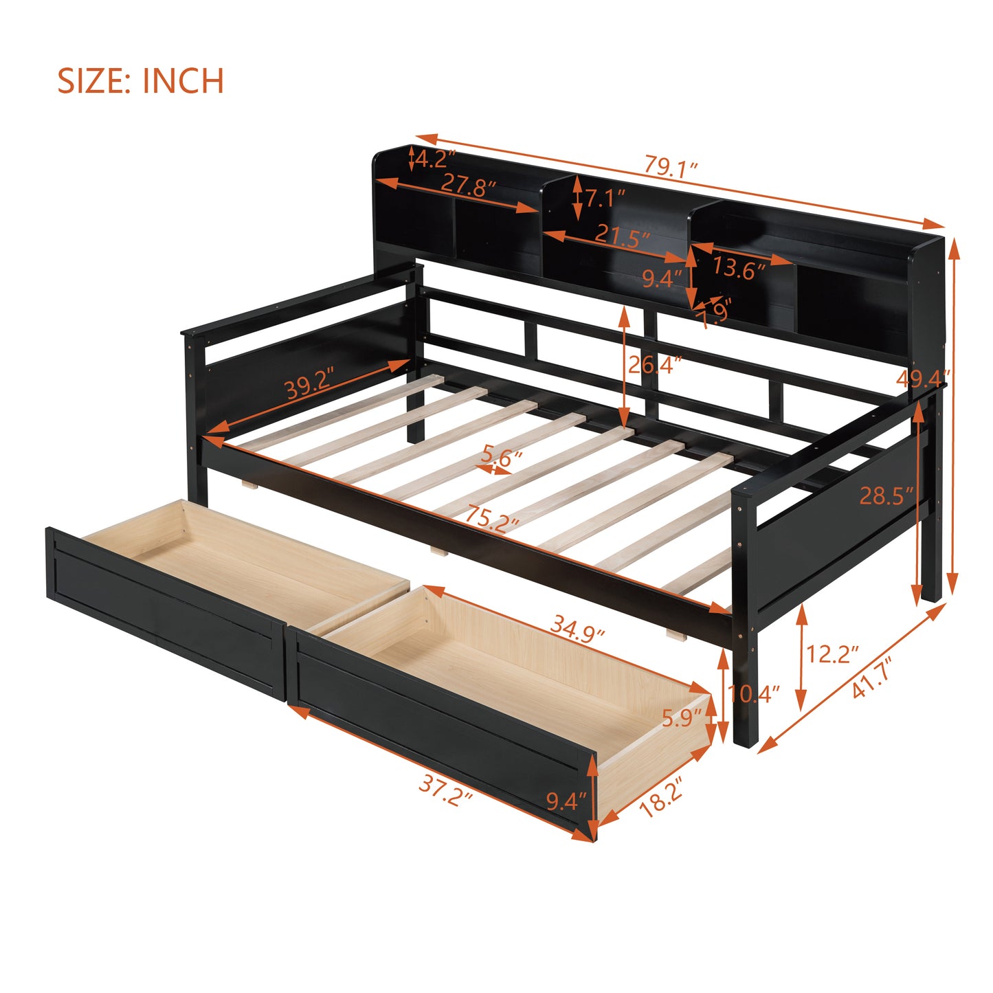 Twin size Daybed, Wood Slat Support, with Bedside Shelves and Two Drawers, Espresso