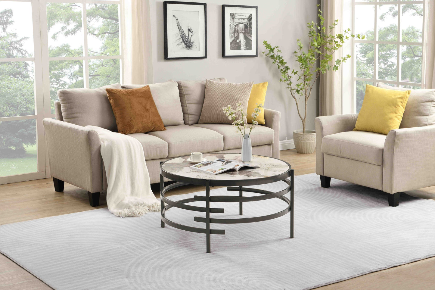 Modern Round Coffee Table with Sintered Stone Top and Robust Metal Frame, Stylish Living Room Centerpiece in Dark Gray