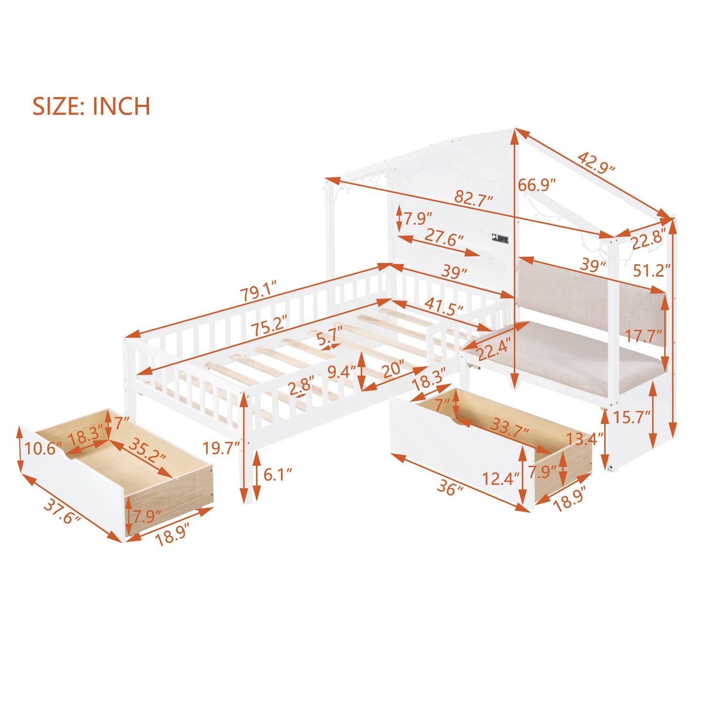 Twin Size House Bed with Upholstered Sofa, House Bed with Charging Station, Wireless Charging, Shelves and Two Drawers, White