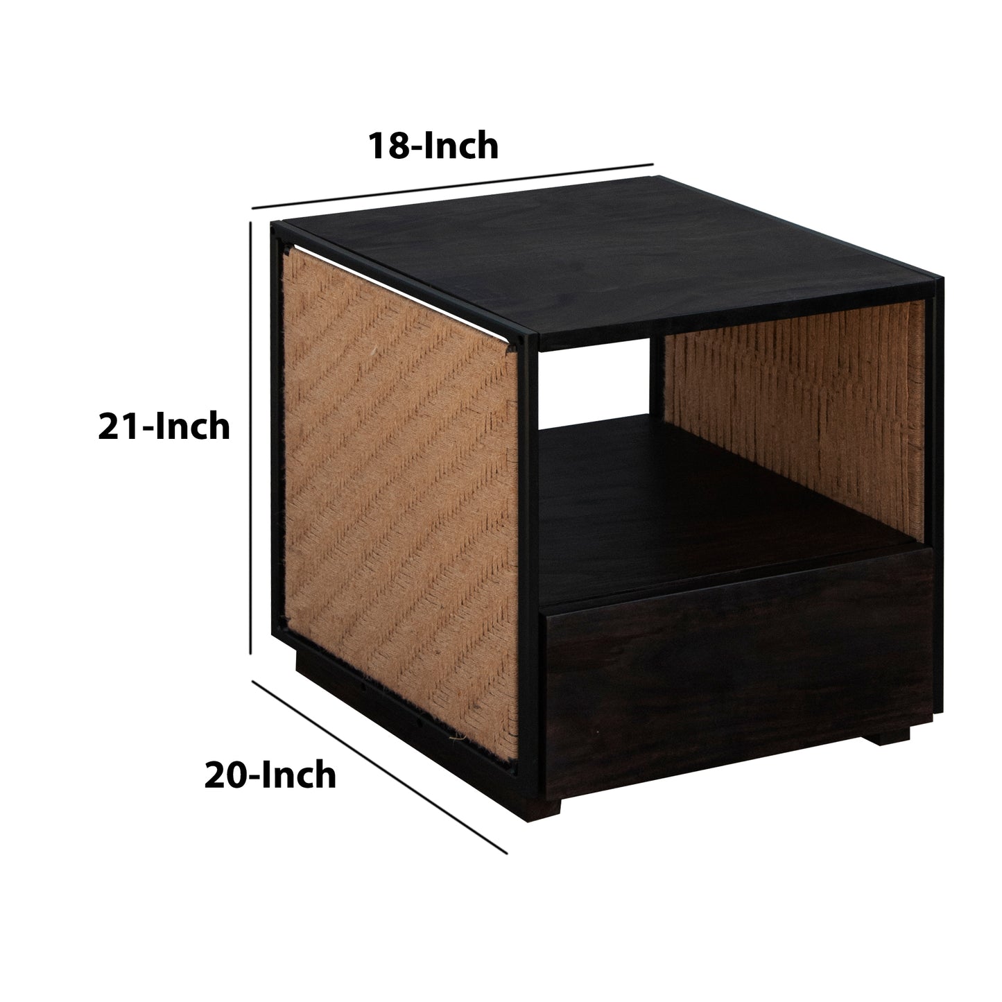 21 Inch Handcrafted Acacia Wood Side Table Nightstand, Woven Jute Side Panels, Brown, Black