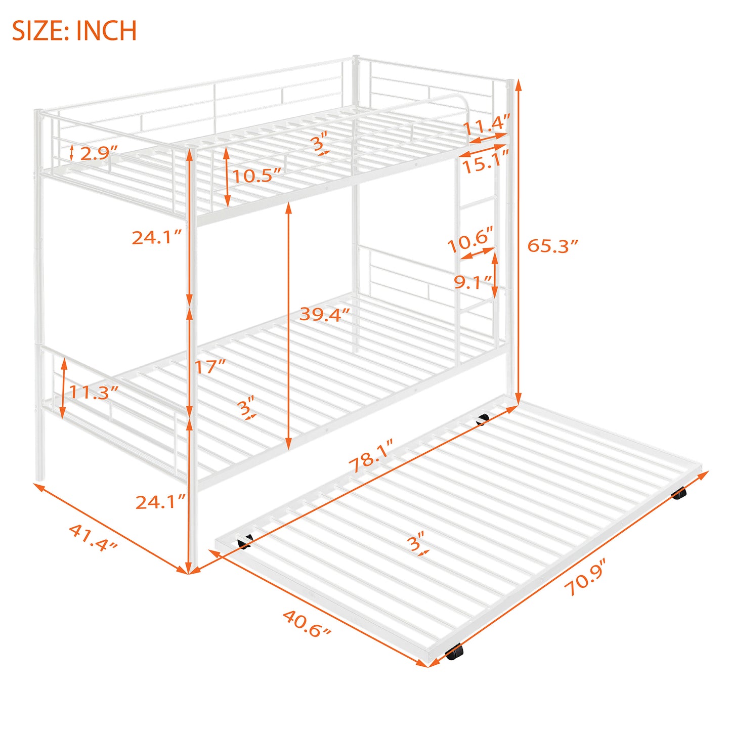 Trio Metal Bunk Bed With Trundle, Convertible to Two Beds, White (MF194806AAK)