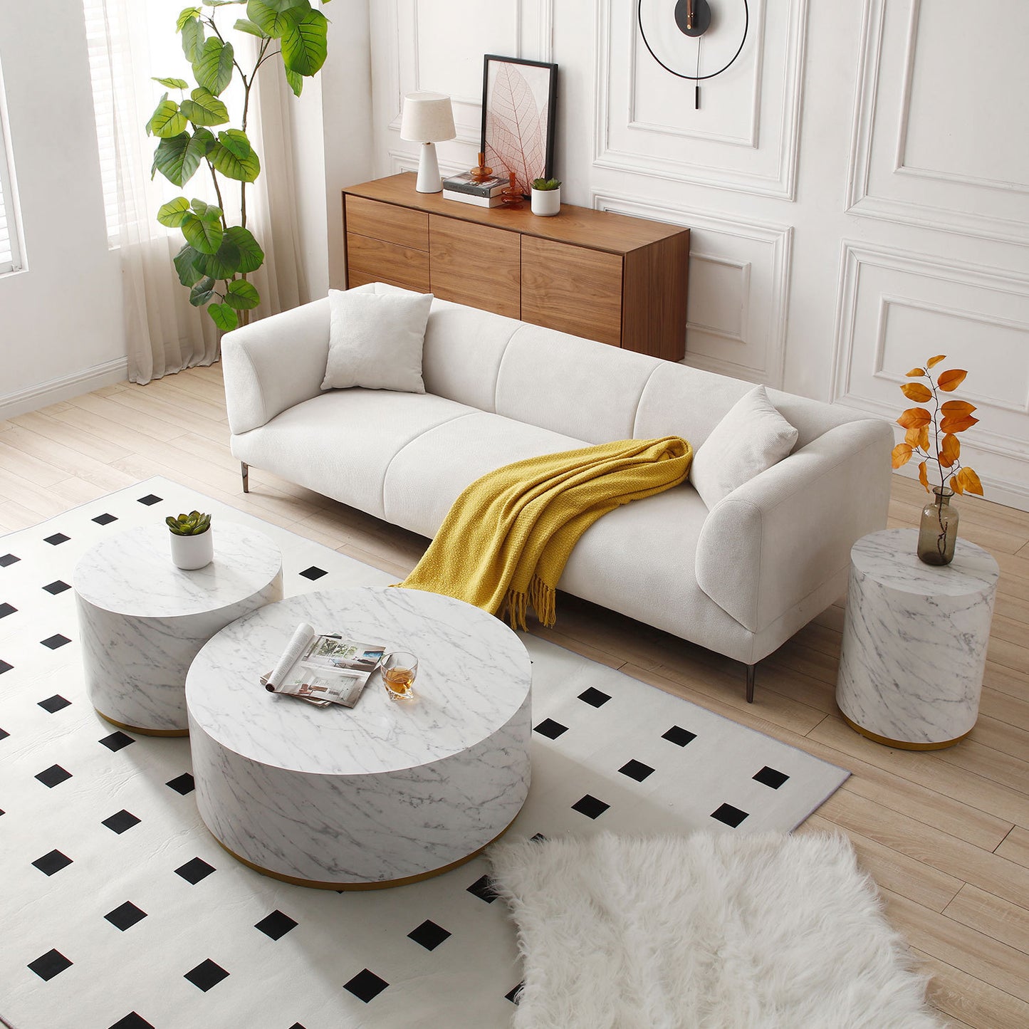 Elegant Set of 3 White Marble Pattern Coffee Tables for Stylish Living Rooms