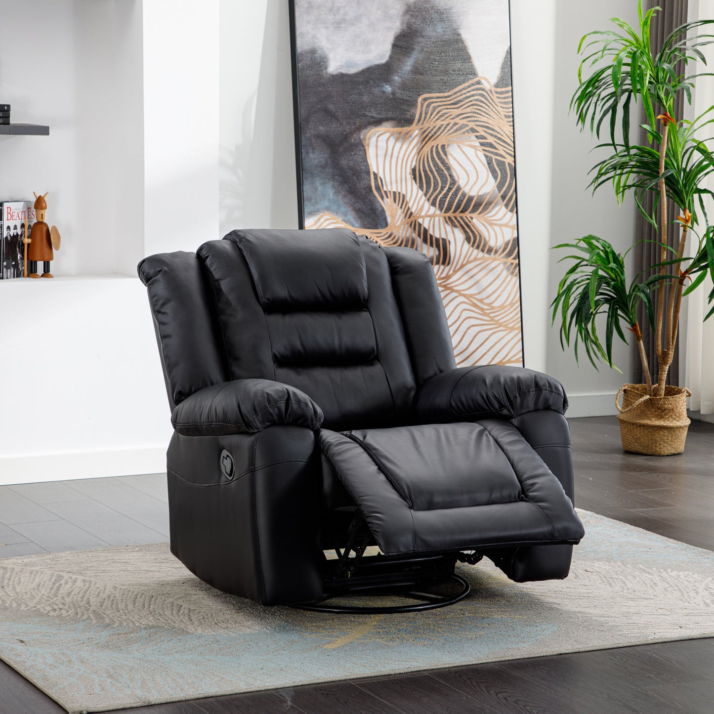 Swiveling Rocker Recliner Chair with Leather Upholstery, Black