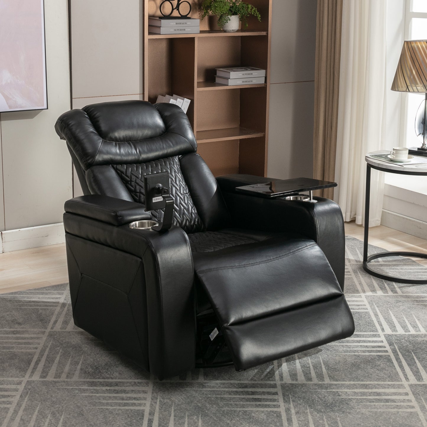 Luxury Black Swivel Recliner Chair with Tray Table, Phone Holder, and USB Port