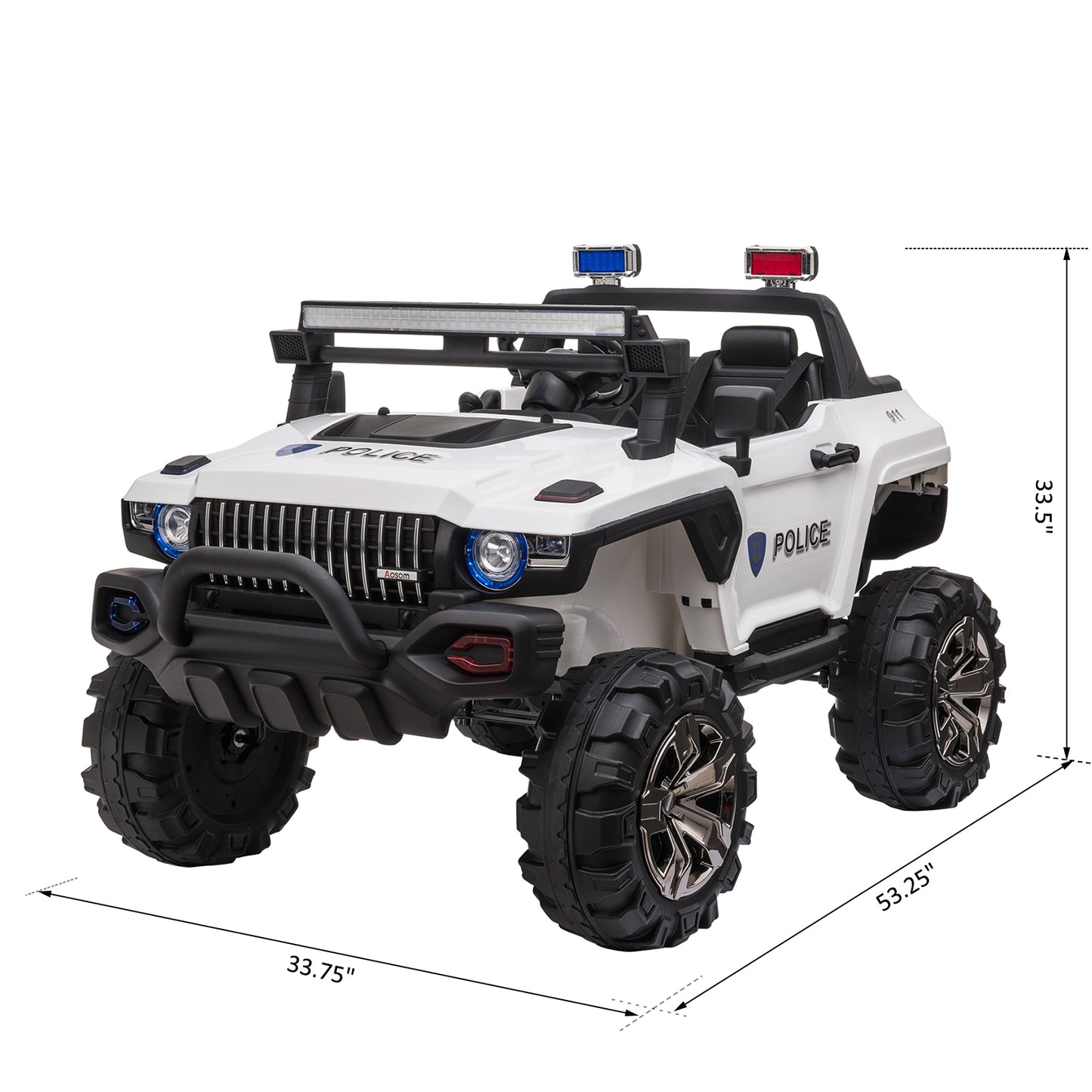 Aosom Big Size 53"L 2-Seater 12V Police Car Ride-on Truck with Remote Control and Siren, Battery-Operated Electric Car for Kids with Suspension, MP3 Player, Lights, Music, Horn, White