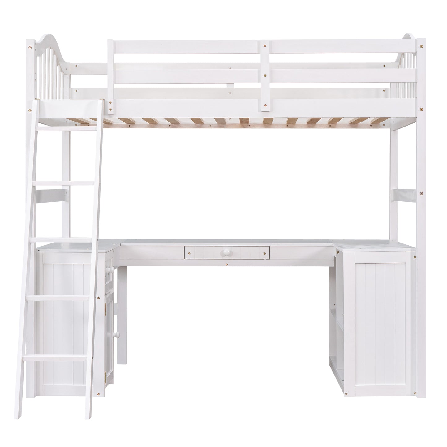 Twin size Loft Bed with Drawers, Cabinet, Shelves and Desk, Wooden Loft Bed with Desk - White( :LT000505AAK)