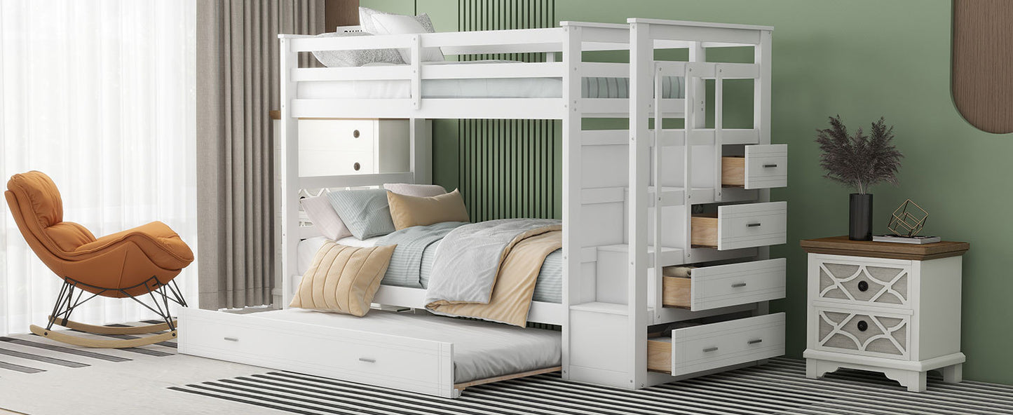 White Twin Over Twin Bunk Bed with Trundle, Staircase, and Storage Drawers