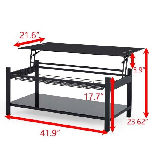 Black Lift Coffee Table with Hidden Storage Shelves and Tempered Glass Top Dining Table