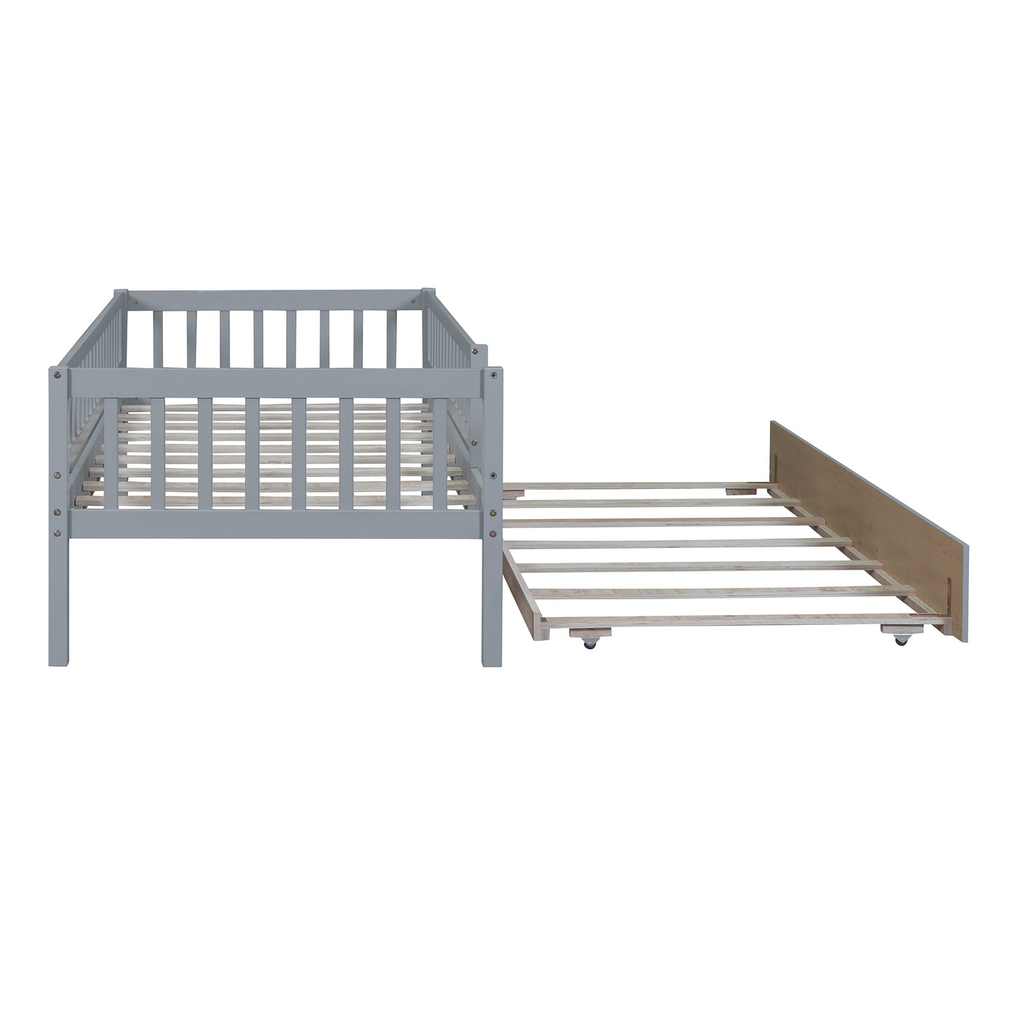 Twin Size Wood Daybed with Trundle and Fence Guardrails, Gray