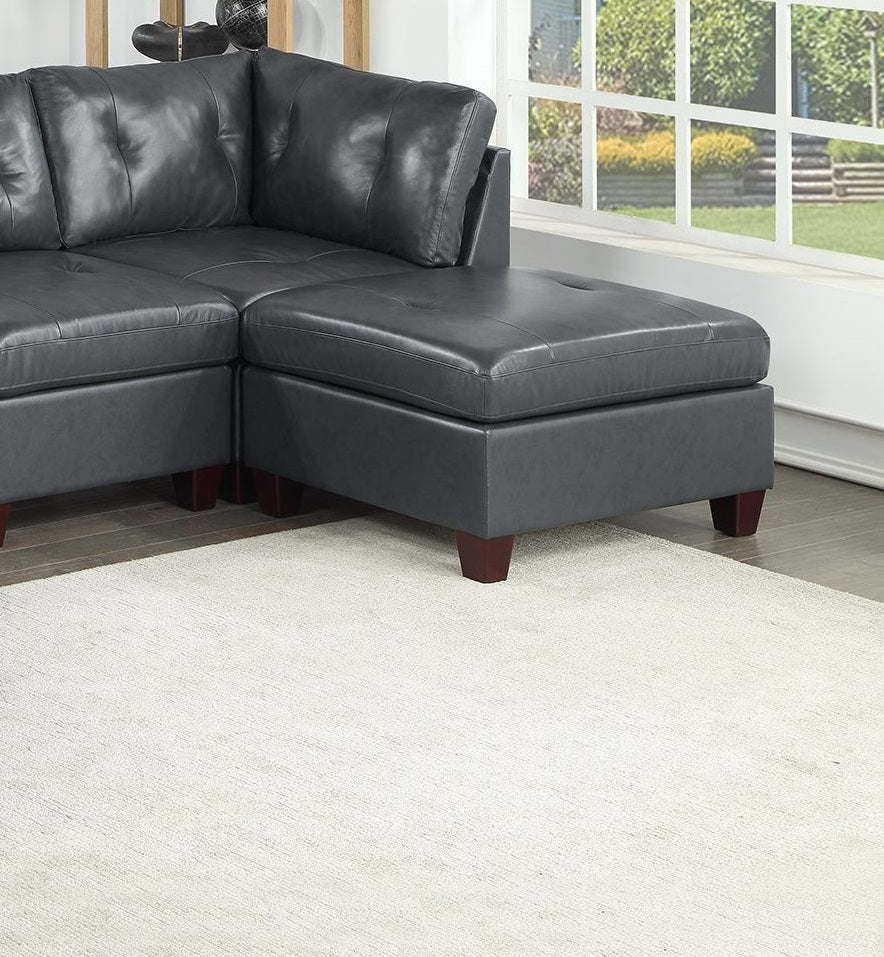 Elegant Black Genuine Leather Tufted 6pc Sectional Set with Ottoman