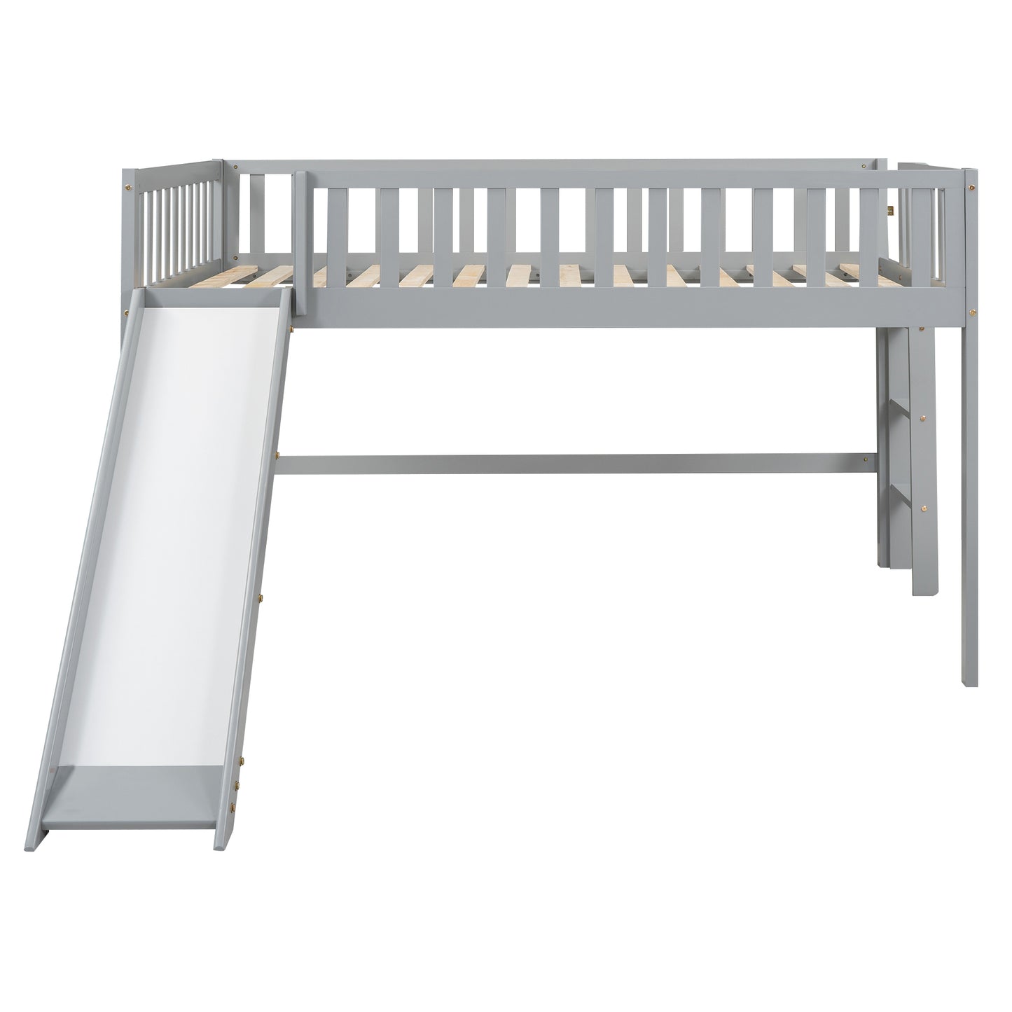 Full Size Low Loft Bed with Ladder and Slide,Gray