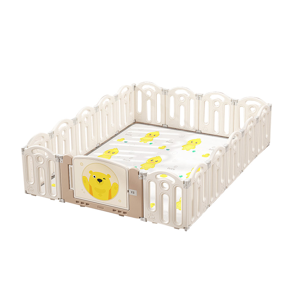 Bear Beige White Color Foldable Playpen, Baby Safety Play Yard With Fence Indoor Toys With Play mat 16panel and 1 play mat