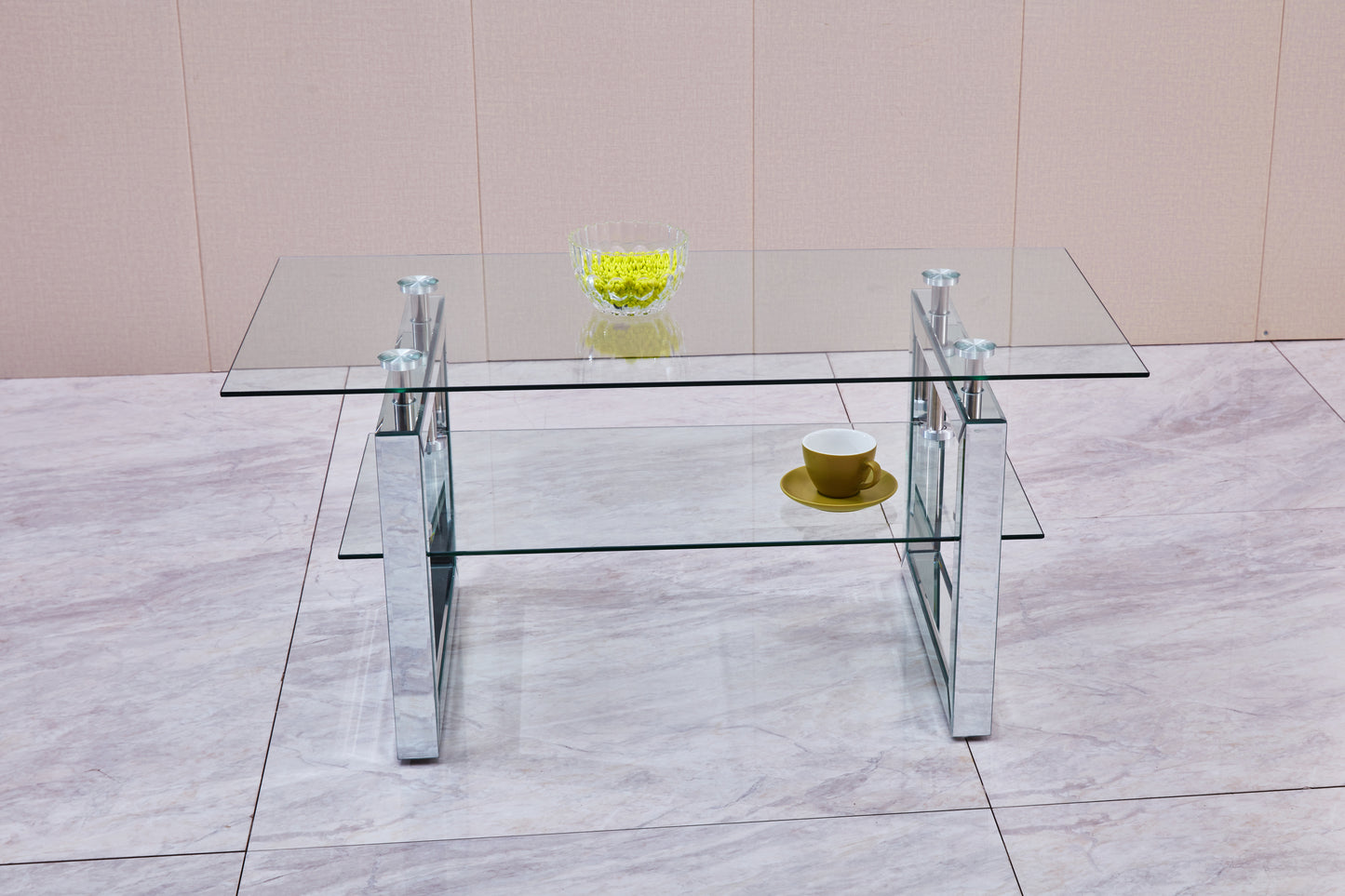 Modern Transparent Tempered Glass Coffee Table with Mirror Design