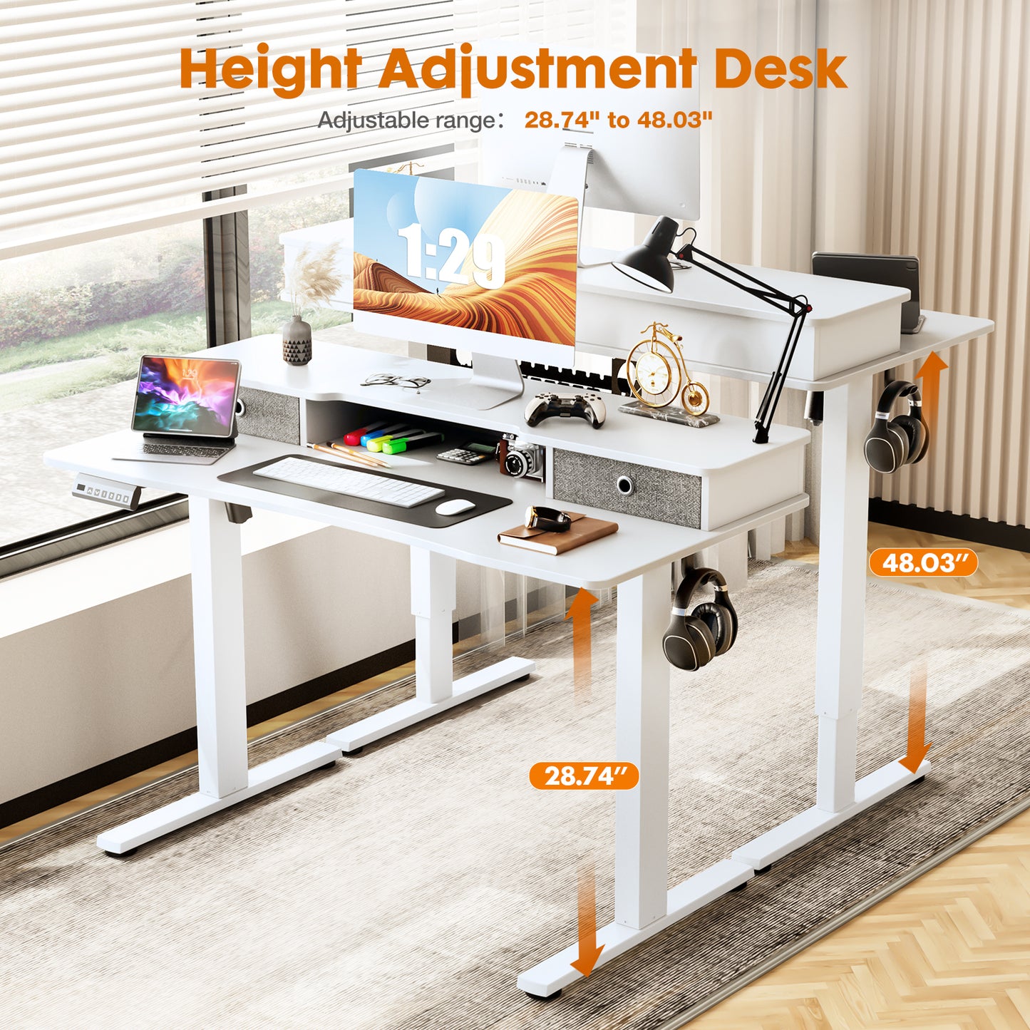 Height Adjustable Electric Standing Desk with Monitor Stand, Double Drawer Storage, and Powerful Motor