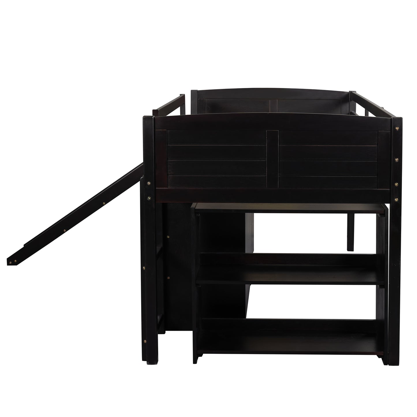 Low Twin Size Loft Bed with Cabinets, Shelves and Slide - Espresso