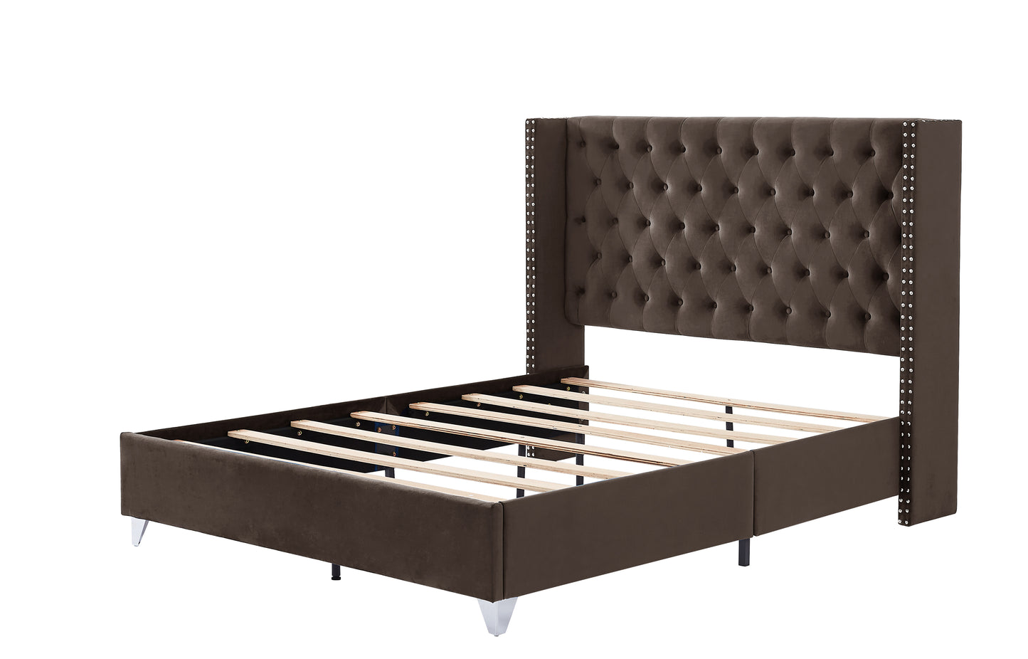 B100S Queen bed with two nightstands, Button designed Headboard,strong wooden slats + metal legs with Electroplate