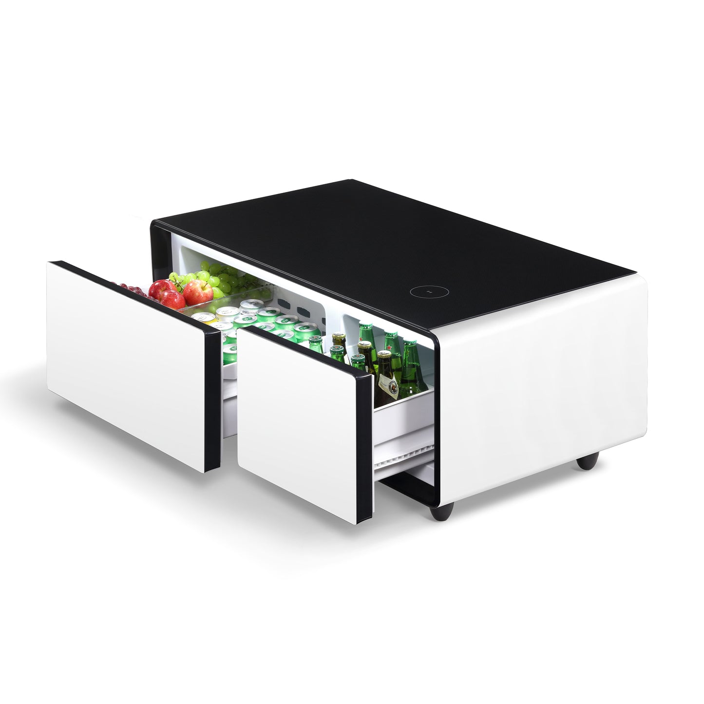 Smart White Coffee Table with Refrigerated Drawers, Wireless Charging & USB Ports