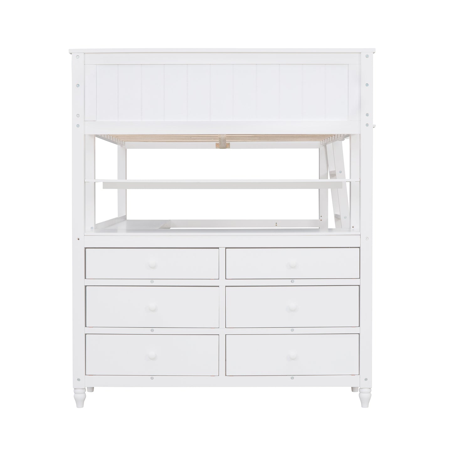 Full size Loft Bed with Drawers and Desk, Wooden Loft Bed with Shelves - White