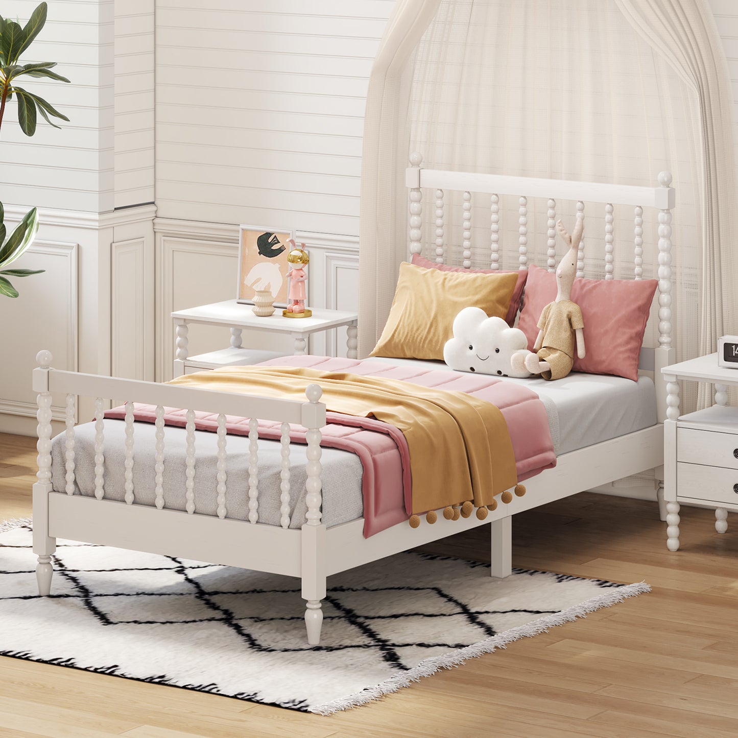 Twin Size Wood Platform Bed with Gourd Shaped Headboard and Footboard, White