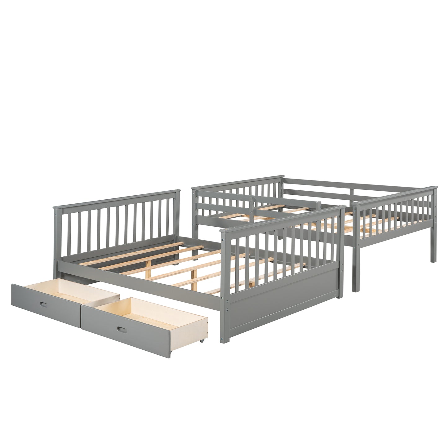 Gray Full-Over-Full Bunk Bed with Storage Drawers and Ladders