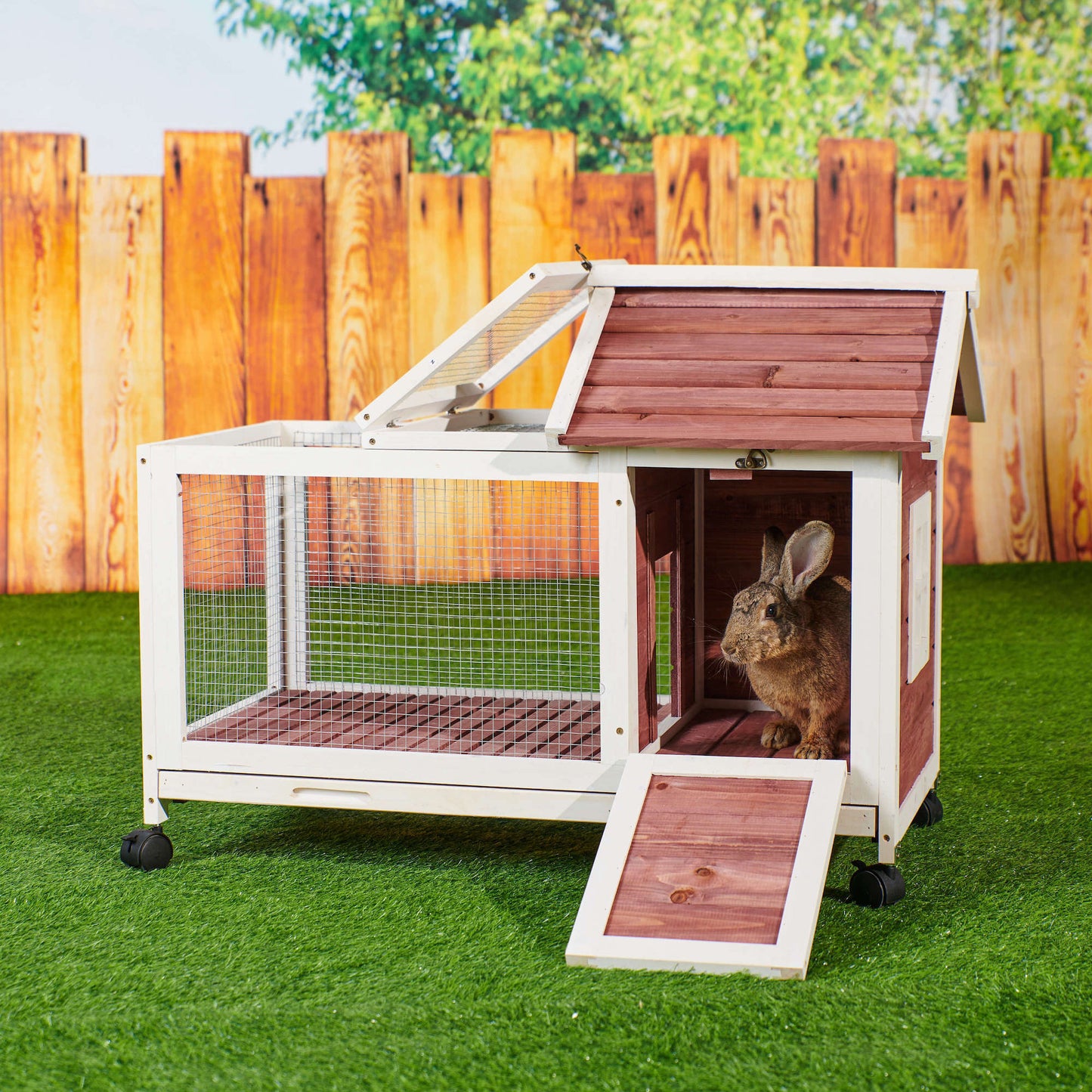 Wooden Rabbit Hutch 40.7" L x 23.4" W x 30" H, Bunny Cage with 4 Wheels, Auburn