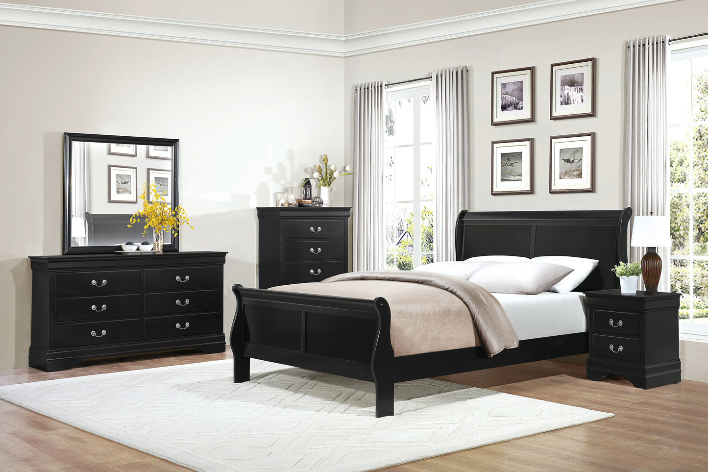 Black Finish Louis Philippe Style 1pc Queen Size Sleigh Bed Traditional Design Furniture