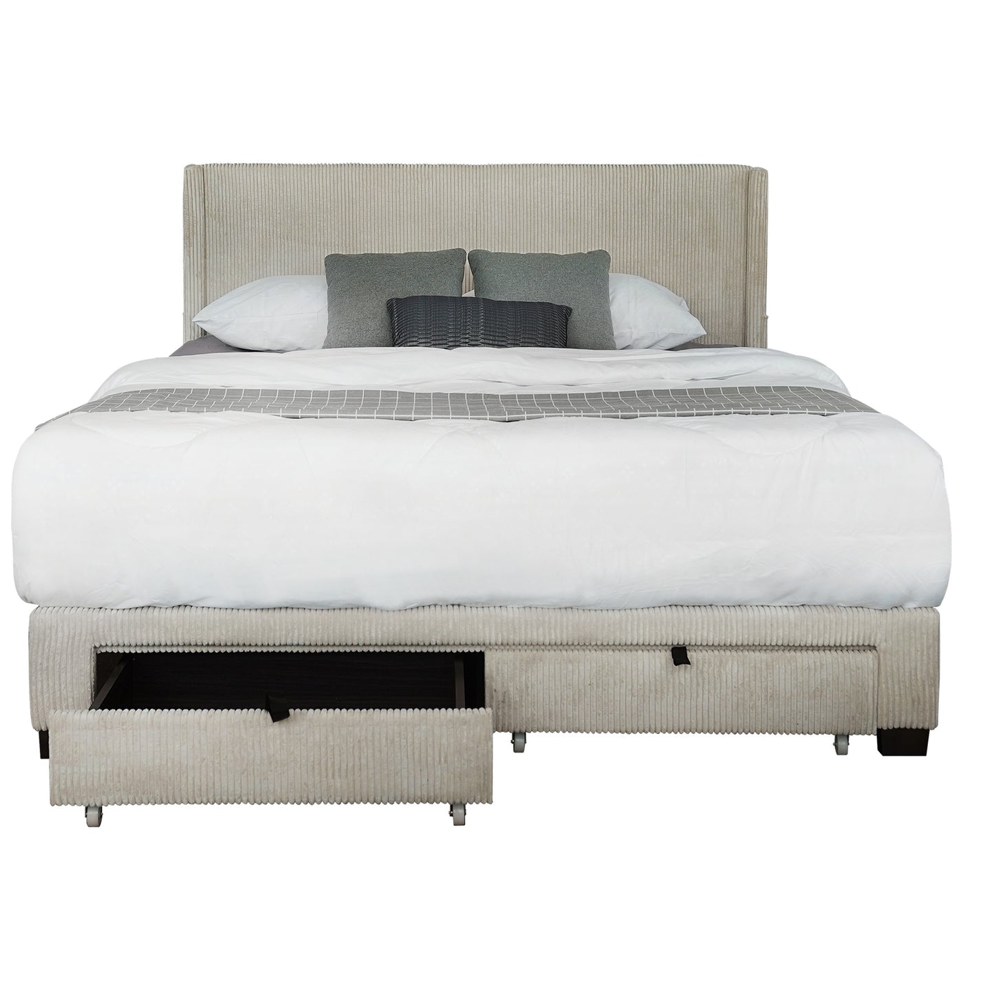 CORDUROY VELVET QUEEN FOOTBOARD DRAWER STORAGE UPHOLSTERED WINGBACK BED NO BOX SPRING REQUIRE BEIGE WHITE