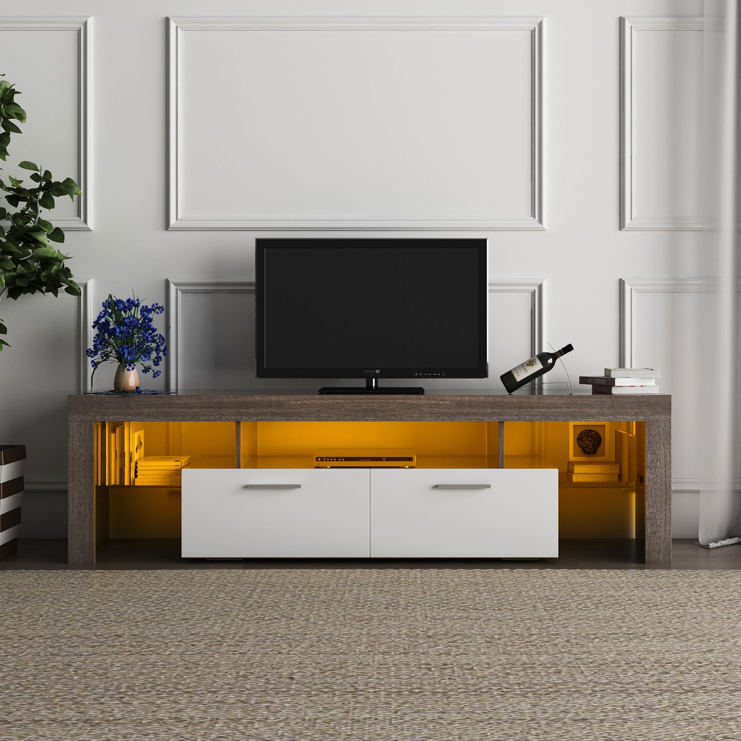 Modern Brown TV Stand with LED Lights and Toughened Glass Shelf