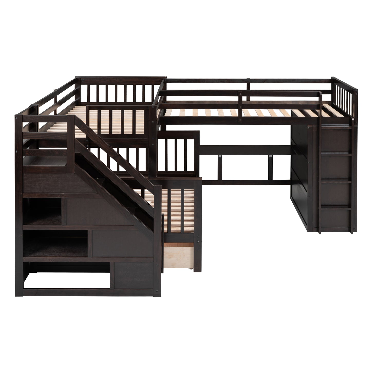 Espresso L-Shaped Bunk Bed with Storage Drawers, Desk, Wardrobe and Maximized Space