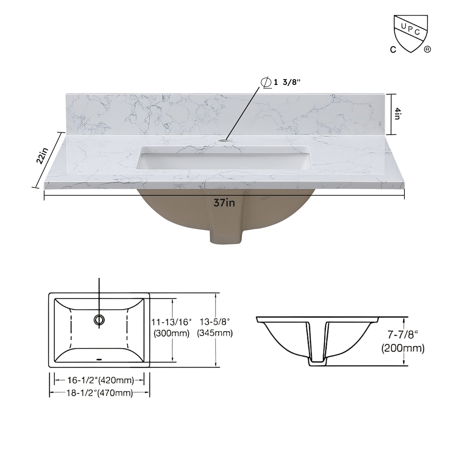 Montary 37"x 22" bathroom stone vanity top carrara jade  engineered marble color with undermount ceramic sink and single faucet hole with backsplash