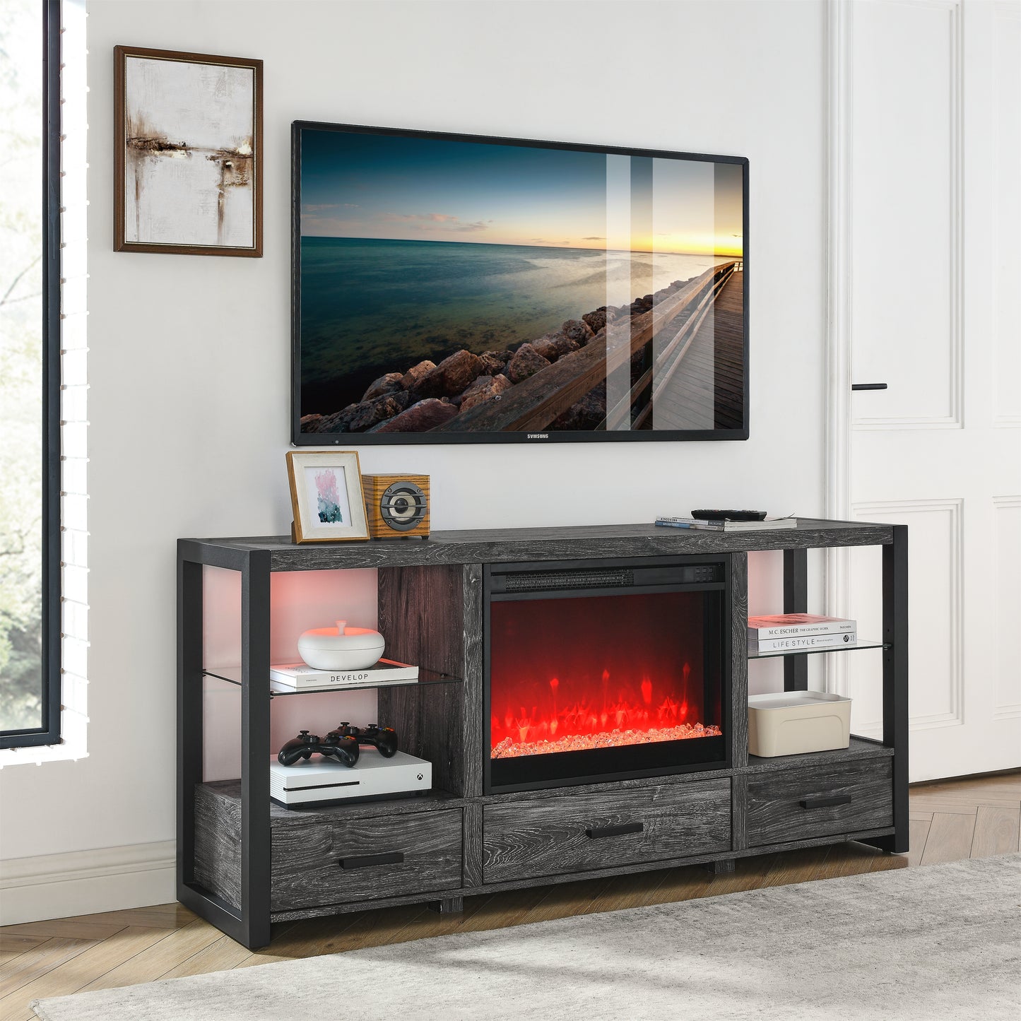 60 Inch Electric Fireplace Media TV Stand with Sync Colorful LED Lights - Dark Rustic Oak Finish