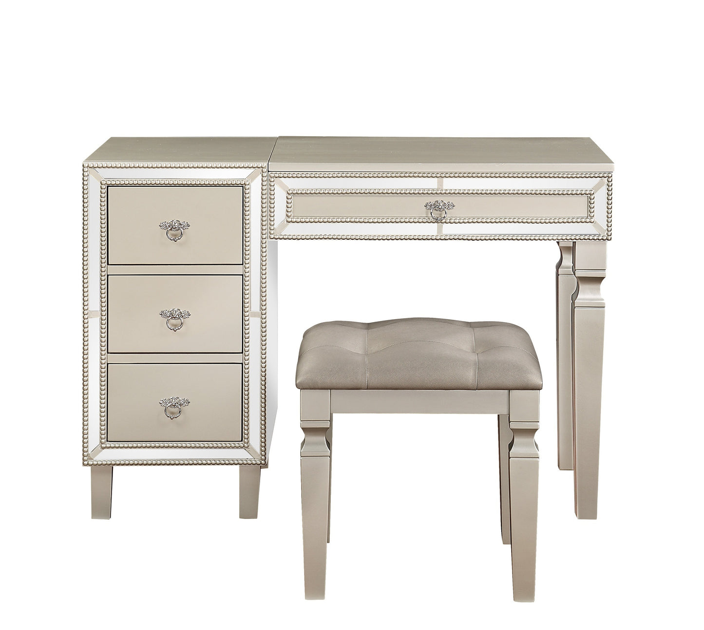 Traditional Formal Silver Color Vanity Set w Stool Storage Drawers 1pc Bedroom Furniture Set Tufted Seat Stool