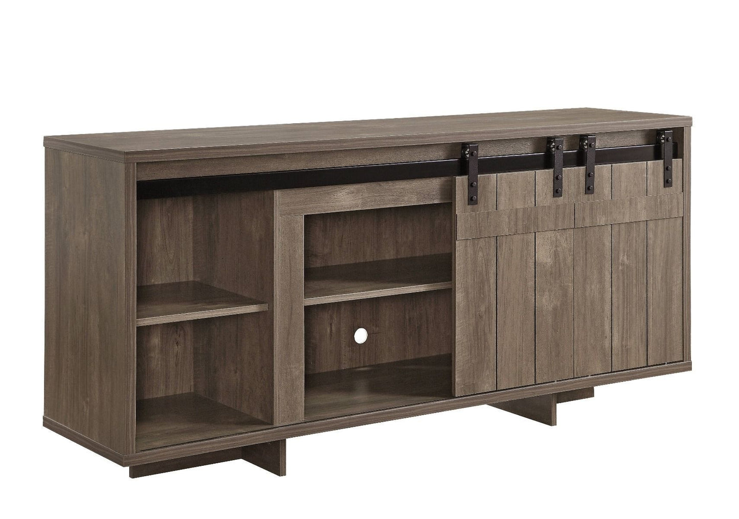 Bellarosa Gray Washed TV Stand with Sliding Barn Doors and Storage Compartments