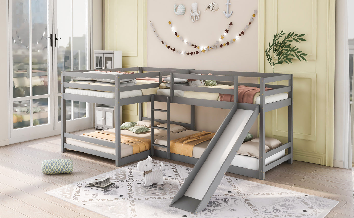 Gray L-Shaped Bunk Bed with Full and Twin Size, Slide, and Short Ladder