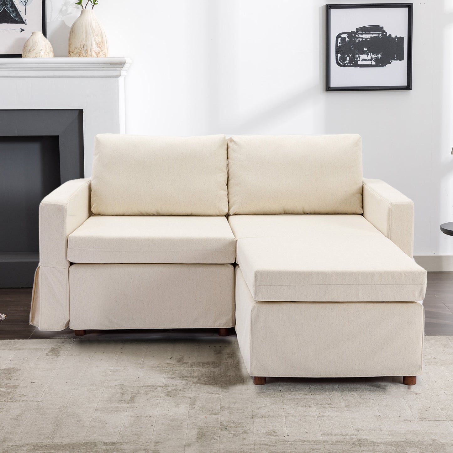 2-Seat Modular Sectional Sofa Set with Ottoman, Removable and Washable Seat and Back Cushions, Cream