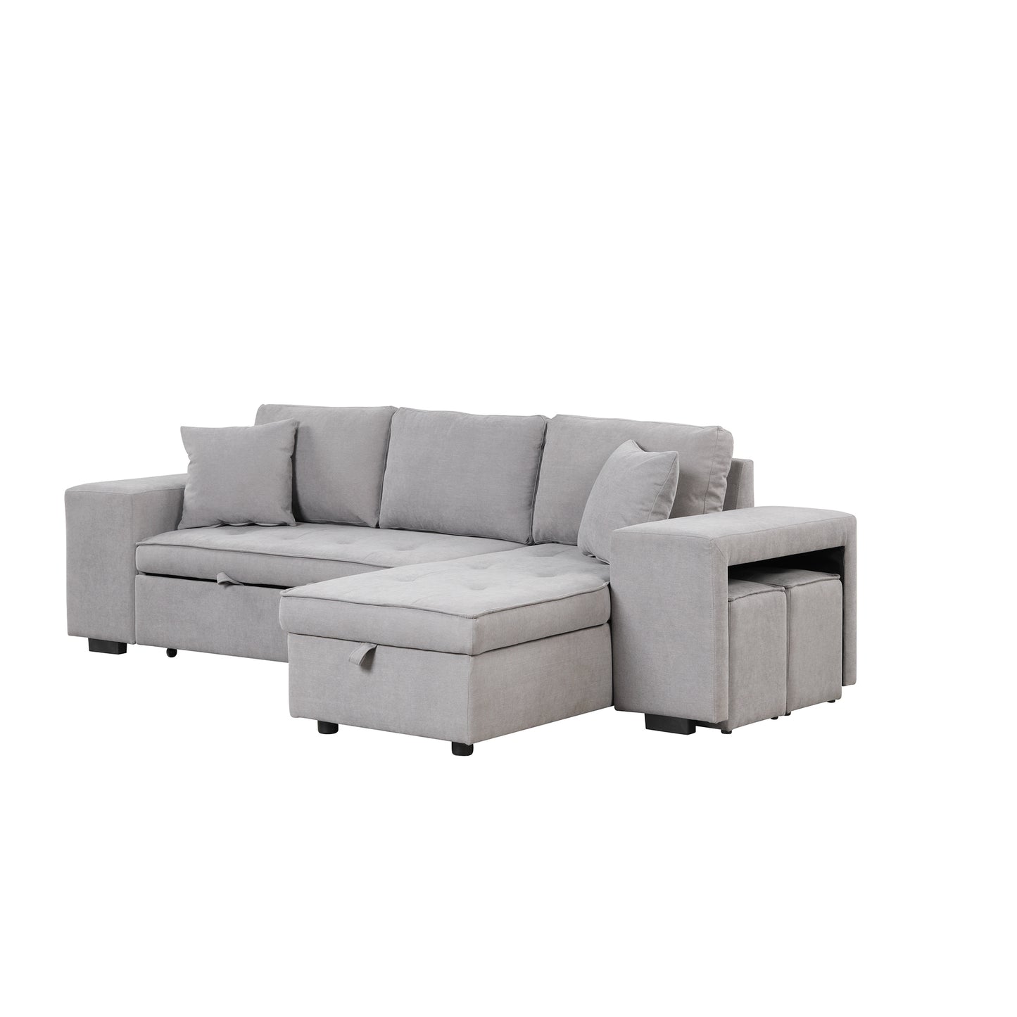 Gray L-Shape Sleeper Sectional Sofa with Storage Chaise and 2 Stools