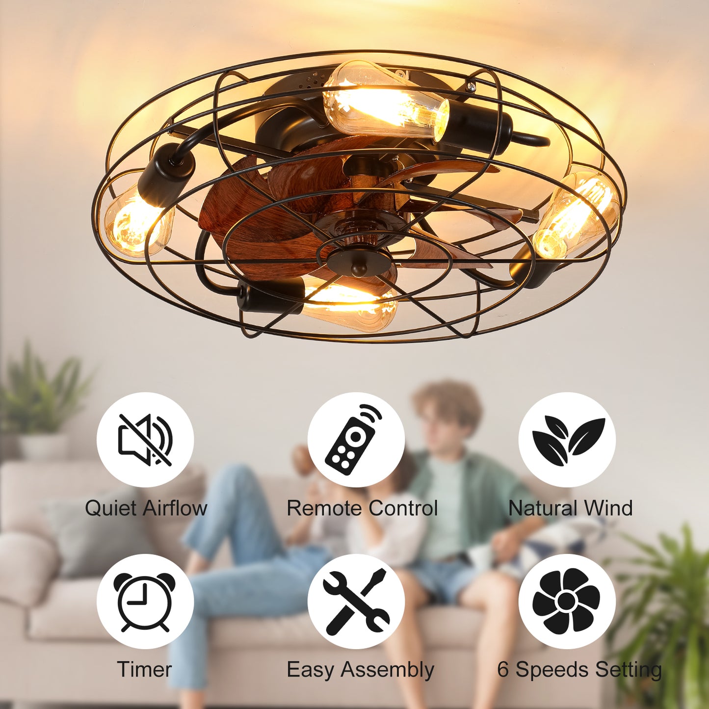 Modern Black Caged Ceiling Fan with Reversible Remote Control