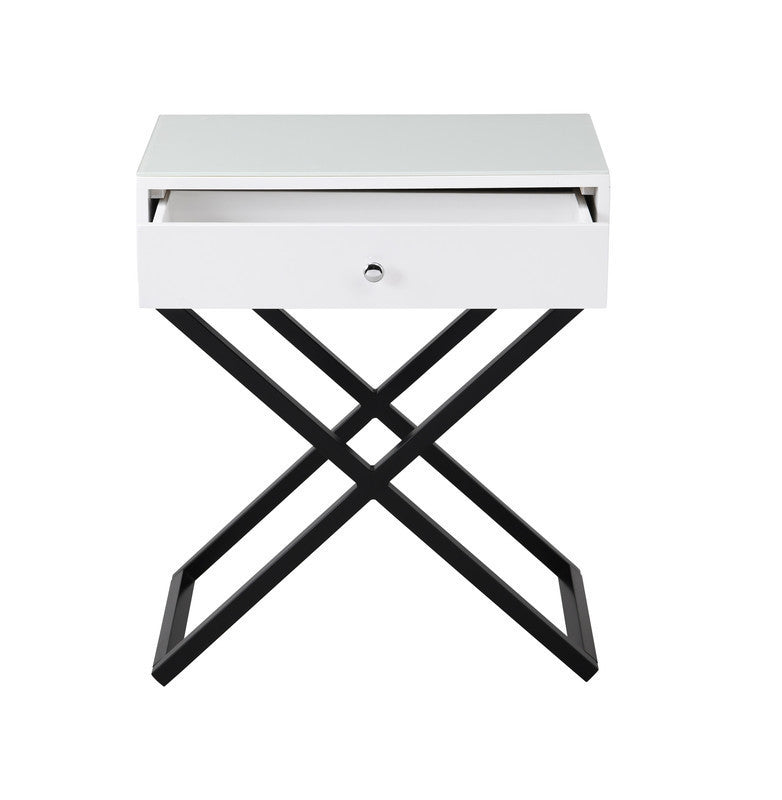 Koda White Wooden End Side Table Nightstand with Glass Top, Drawer and Metal Cross Base