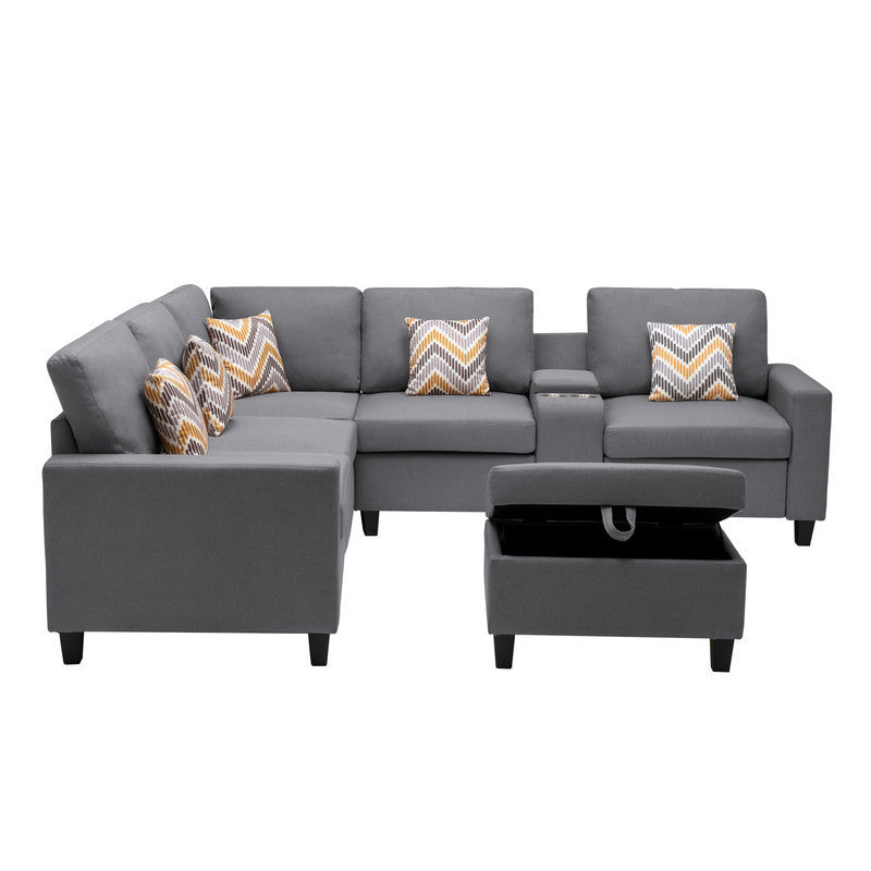 Modular Gray Linen Sectional Sofa Set with Storage Ottoman and Charging Ports