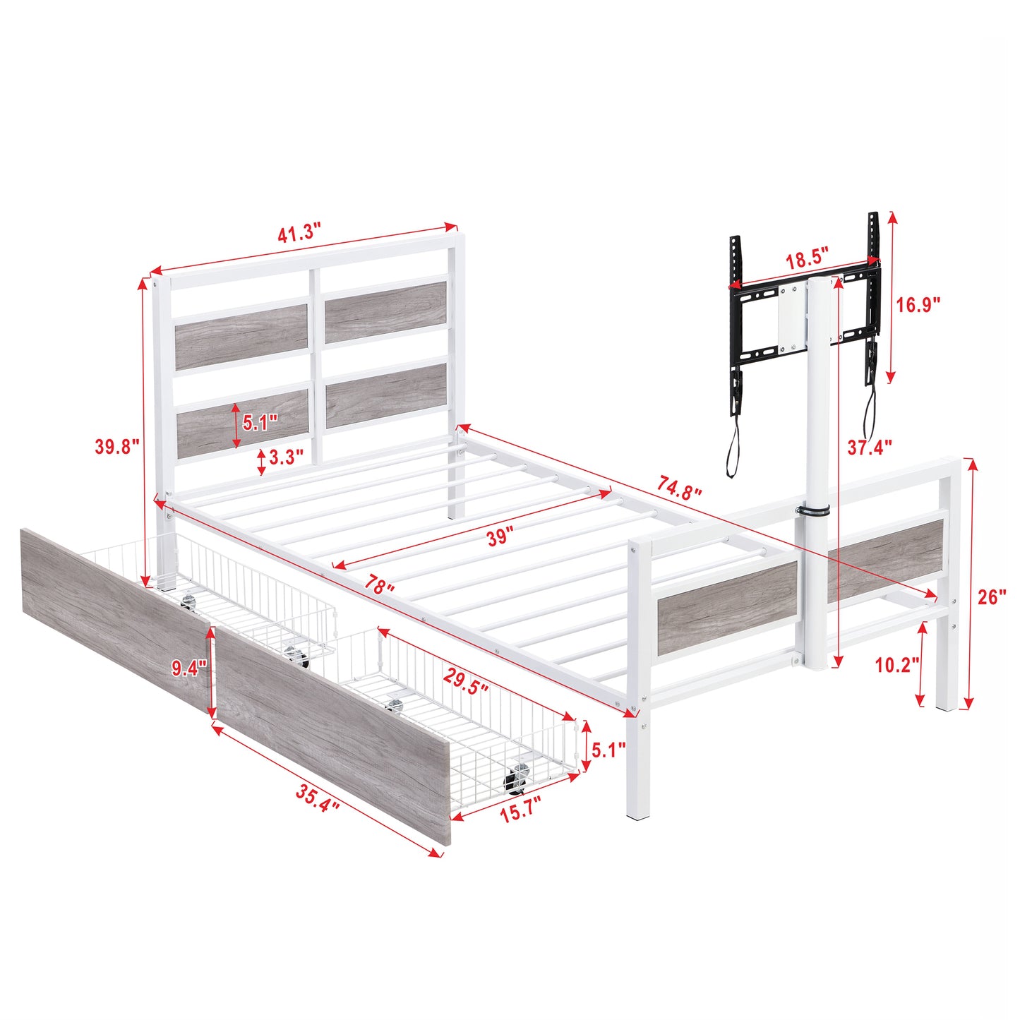 Metal Platform Bed with Rotating TV Stand, Storage Drawers, and MDF Headboard, Twin Size, White