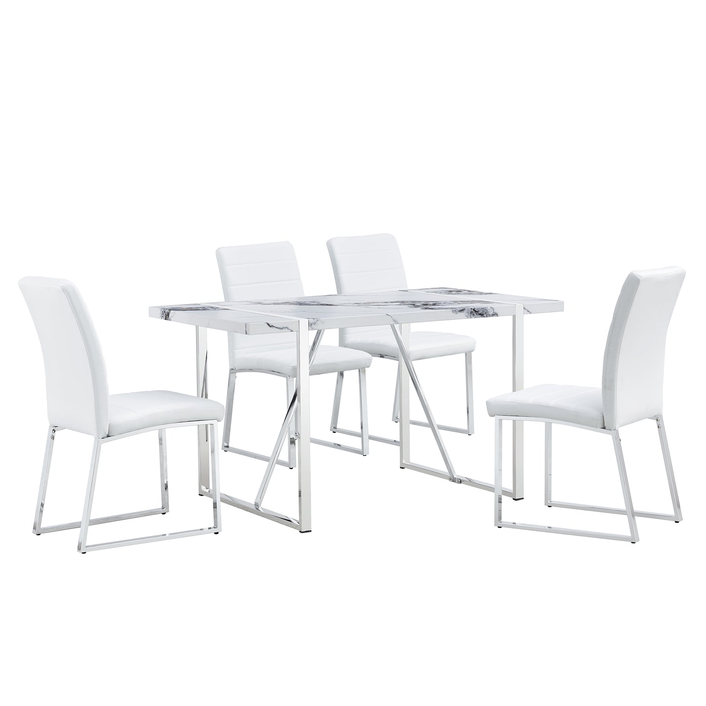 5-piece Dining Table Chairs Set, Rectangular Dining Room Table Set for 4, Faux Marble Modern Dining Table and Faux Leather Chairs for Kitchen Dining Room, White