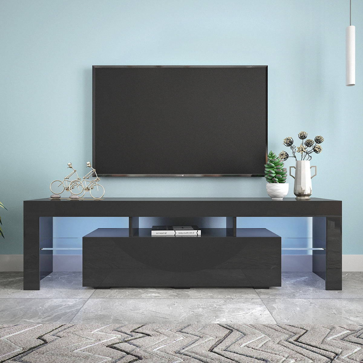 Sleek Black TV Stand with 20 Color LED Lights and Remote Control