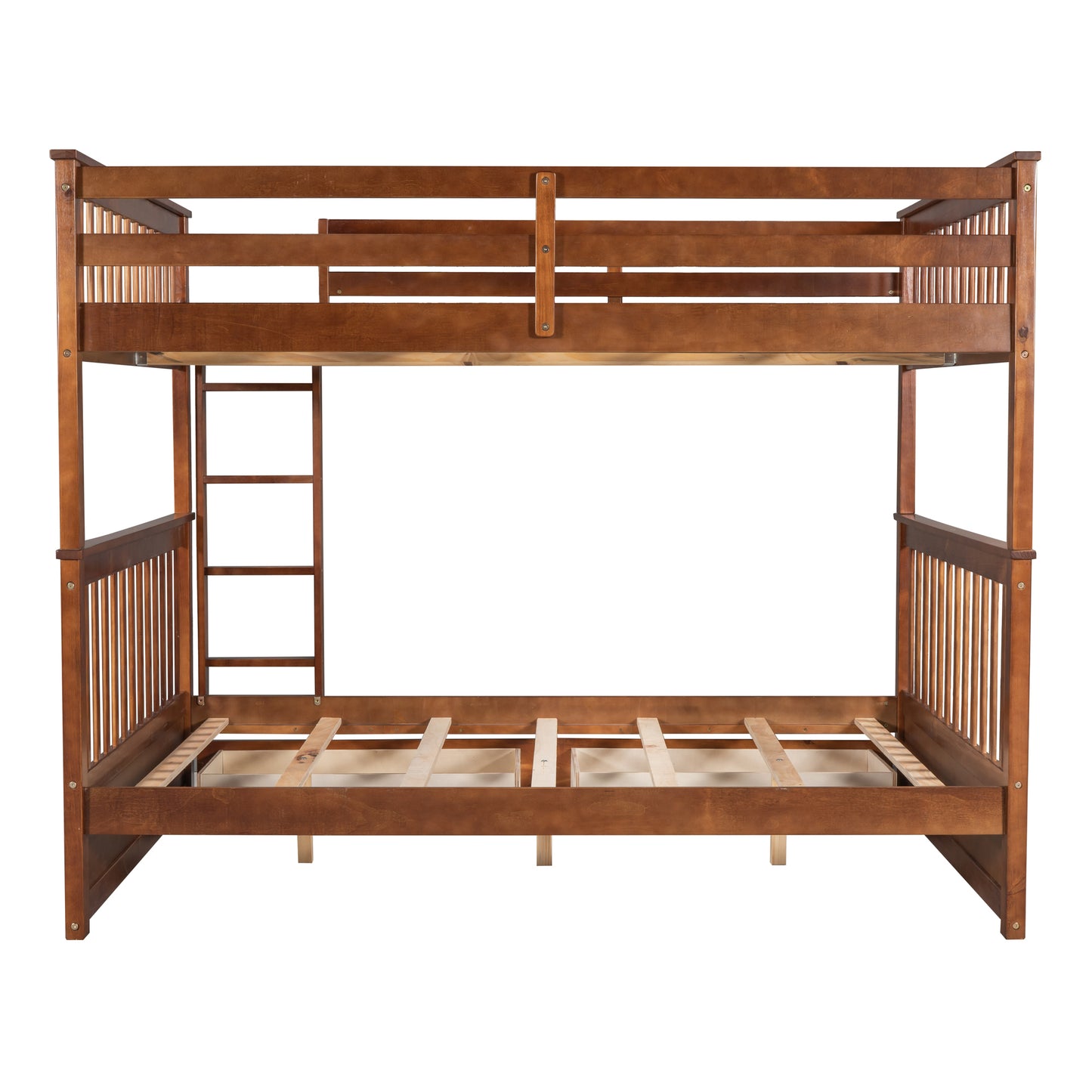 Full-Over-Full Walnut Bunk Bed with Two Storage Drawers and Ladder