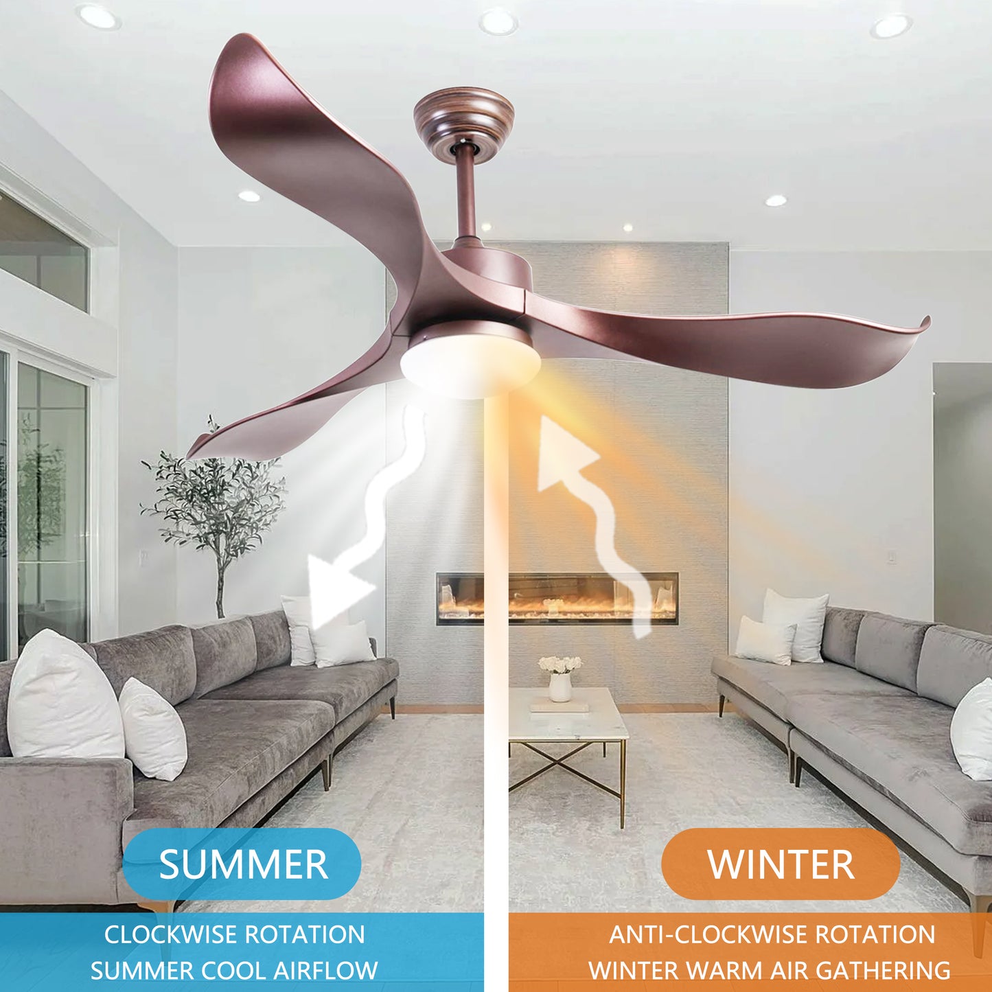 52-inch Ceiling Fan with Lights, 3 ABS Fan Blades, Classical Style Fan with Remote Control, Quiet Reversible DC Motor for Patio/Bedroom/Living Room