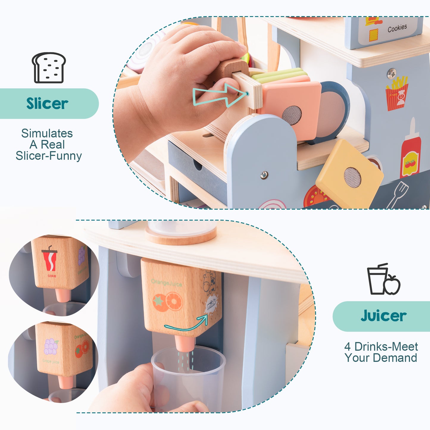 Wooden Slice & Stack Sandwich Counter with Deli Slicer and Rotating Drink Machines - Interactive Kitchen Food Set for Toddlers and Kids 3+