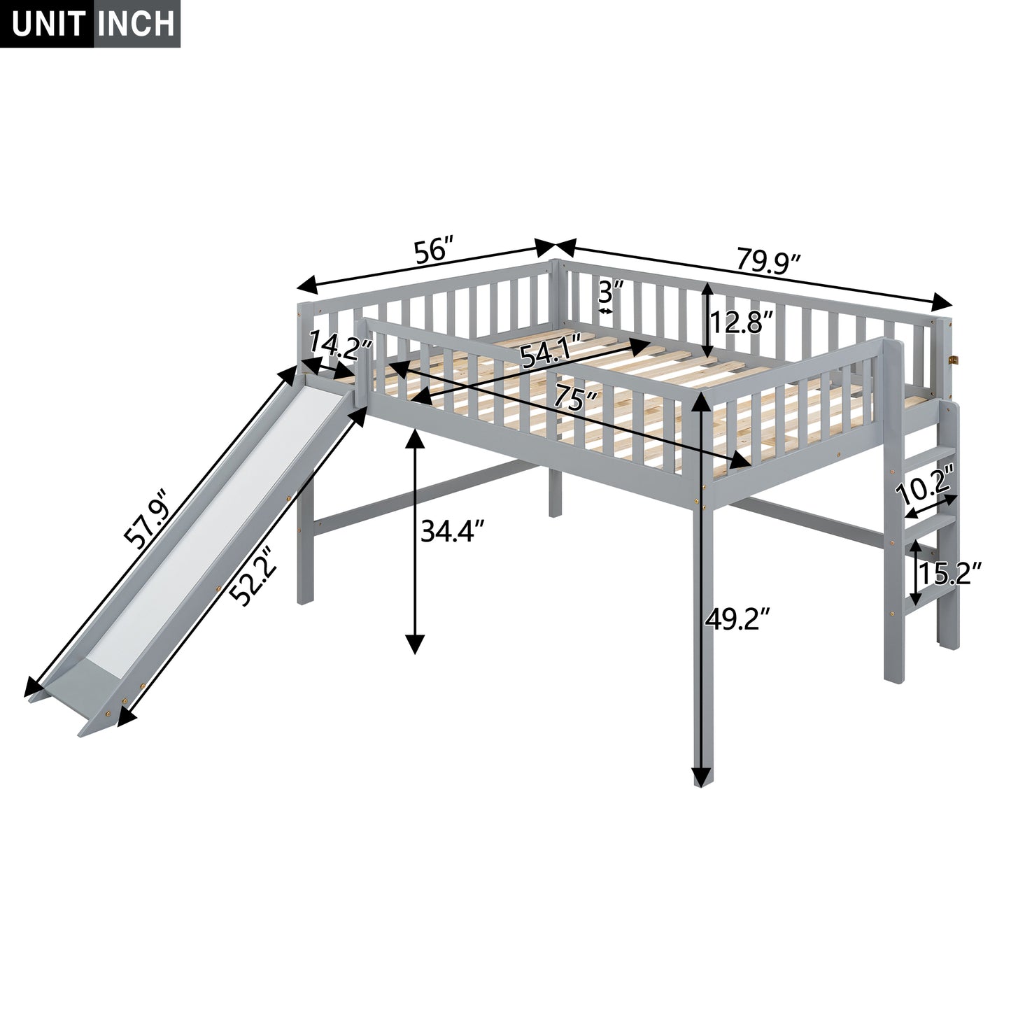 Full Size Low Loft Bed with Ladder and Slide,Gray