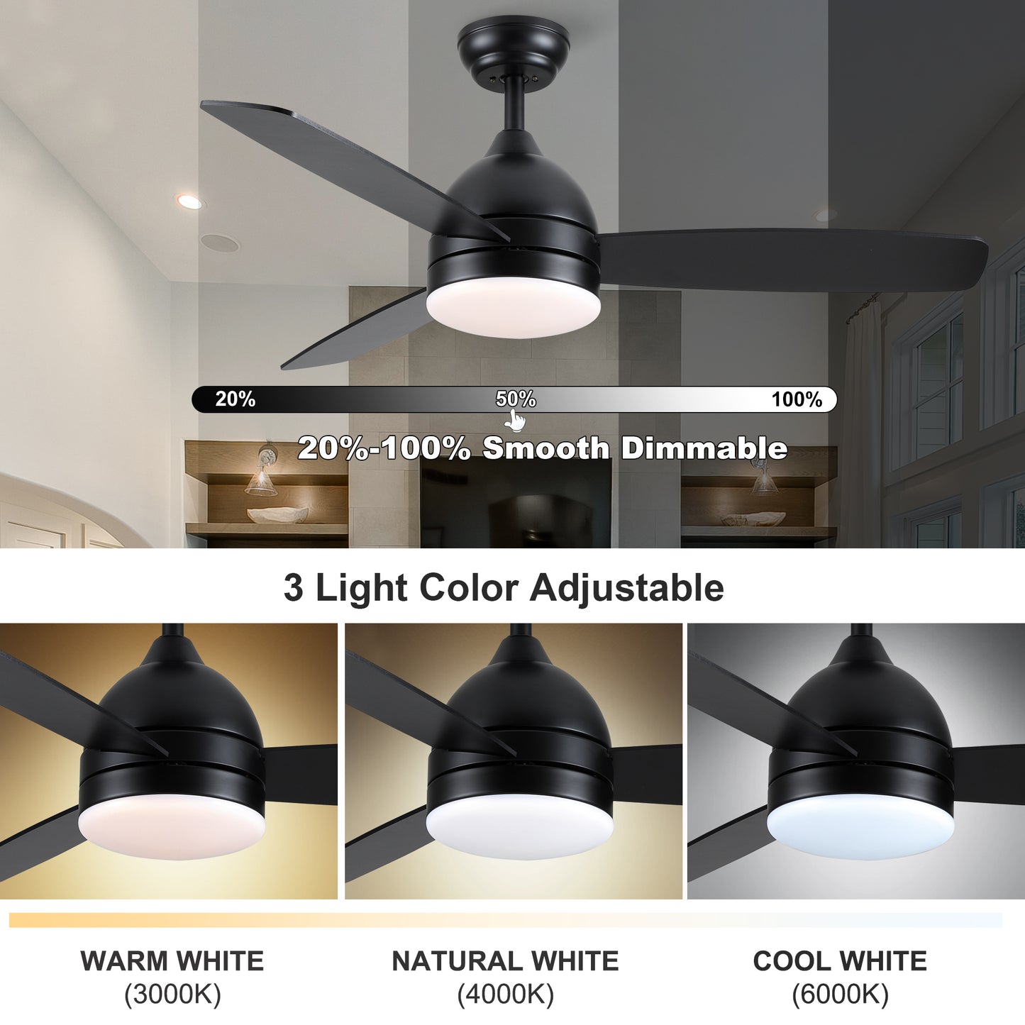 48-inch Smart Black Ceiling Fan with Remote Control, LED Light, and Plywood Blades